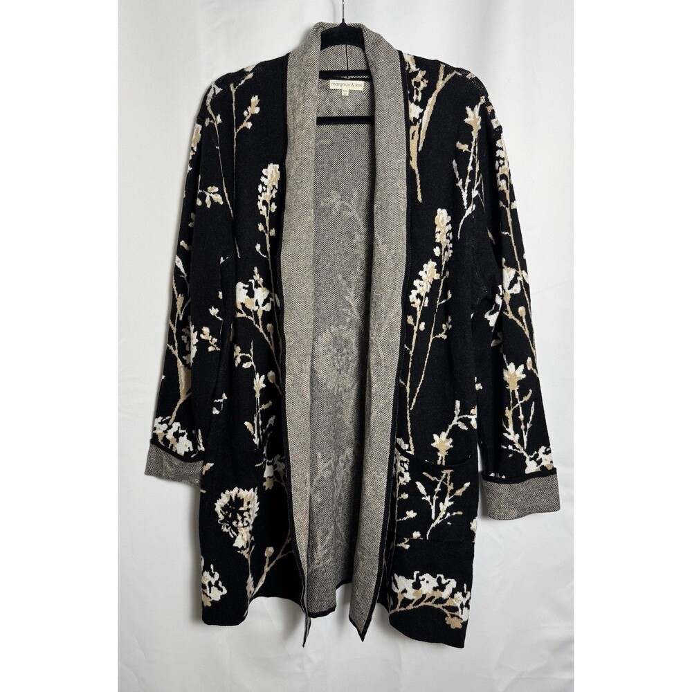 Margaux & Lexi Womens Size XXL Black White Beige Floral Cozy Cardigan Lounge